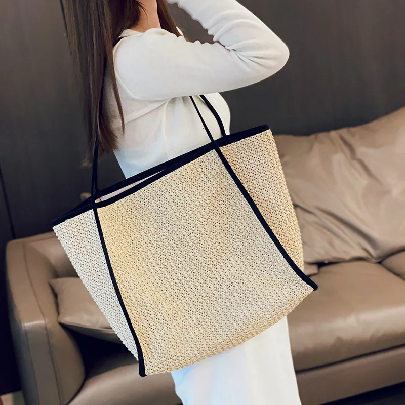 Designer Straw Bag Women Straw Woven Tote Large Beach Handmade Weaving Shoulder Bag Purse Straw Handbag