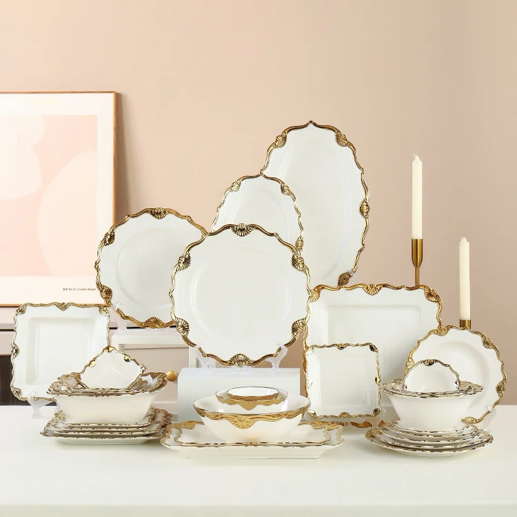 New Design Luxury White Gold Rim Ceramic Dinner Plates For Hotel Restaurant Wedding Party