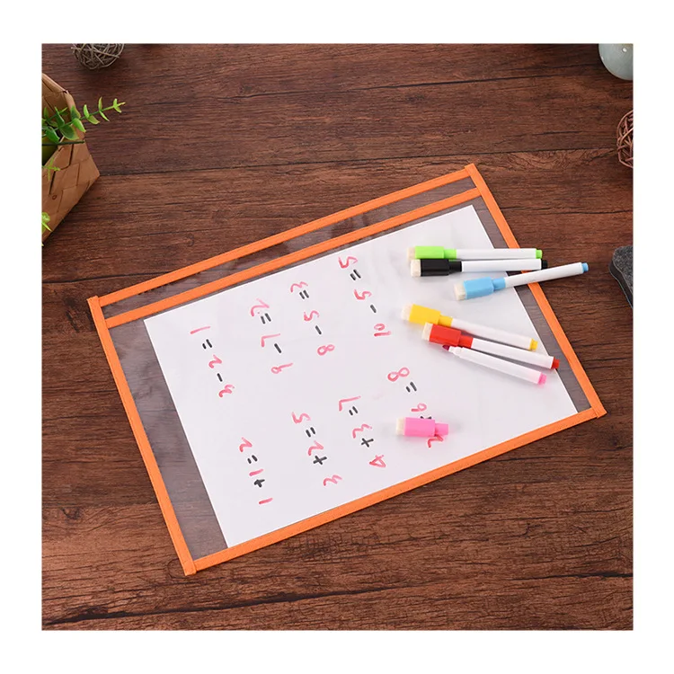 Colored Children Writing Drawing Transparent PVC Easy Wiped Reusable Dry Erase Pockets Sleeves