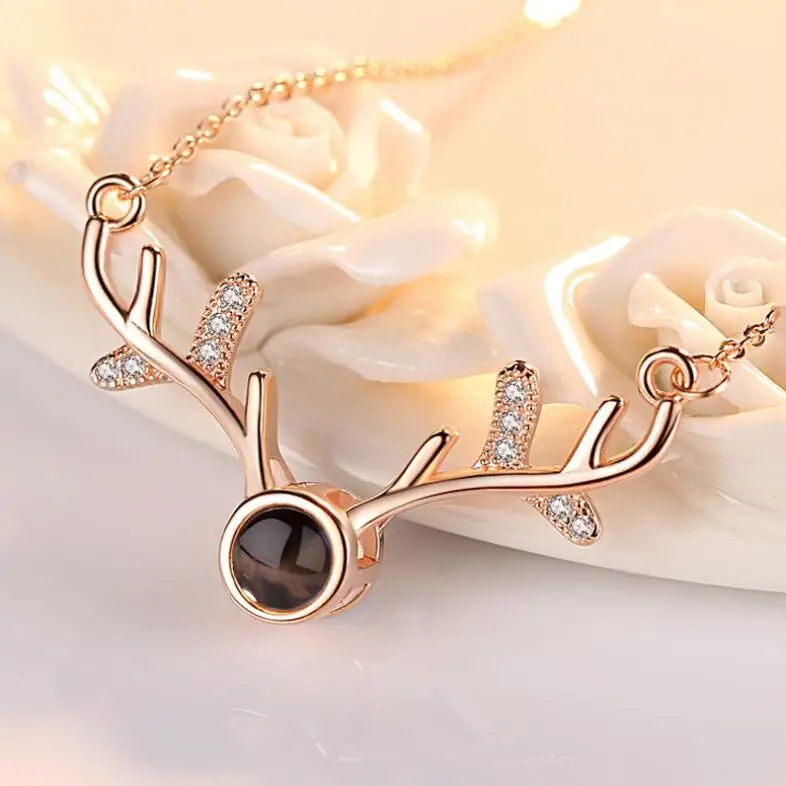 
100 languages i love you necklace 925 sterling silver zircon Antler evil eye necklace Elk shape i love you projection necklace 