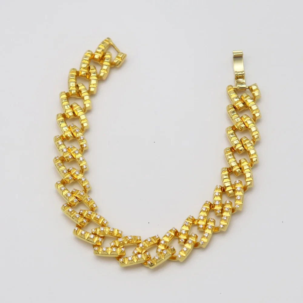 Wholesale Hot Sale Brass Cuban Link Chain Hip Hop Bracelet Men 18 Karat Gold Bracelet
