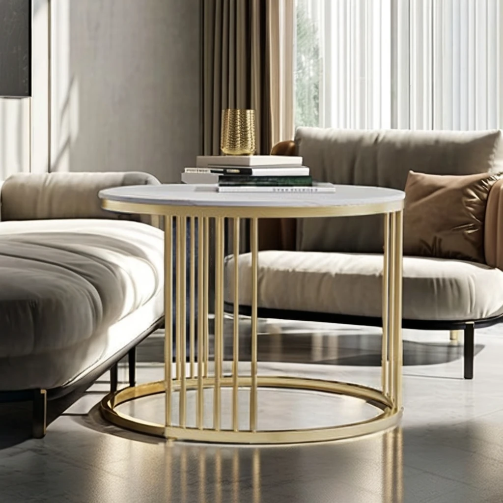 Contemporary Modern round Nesting Coffee Table Set Gold Metal Side with Glass Marble 2 Pieces Tea Coffee Table Middle Center Use