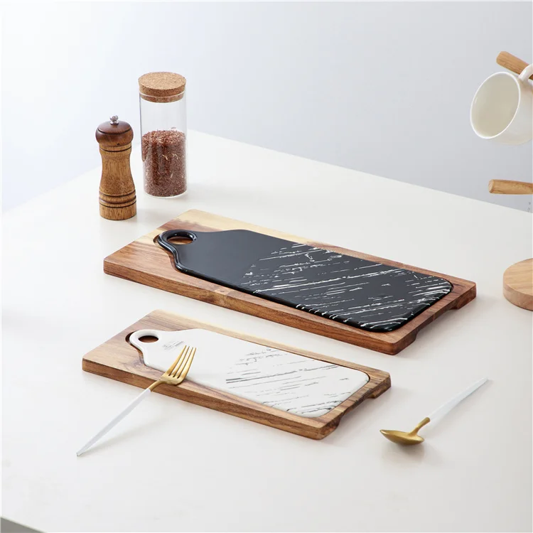 High quality hotel restaurant rectangle serving plate marble cheese large cutting boards with bamboo tray