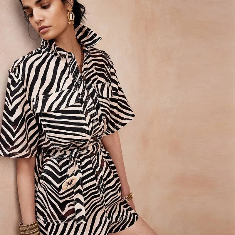 Summer women short sleeve removable belt large pockets straight leg Loose Zebra print linen short jumpsuit set