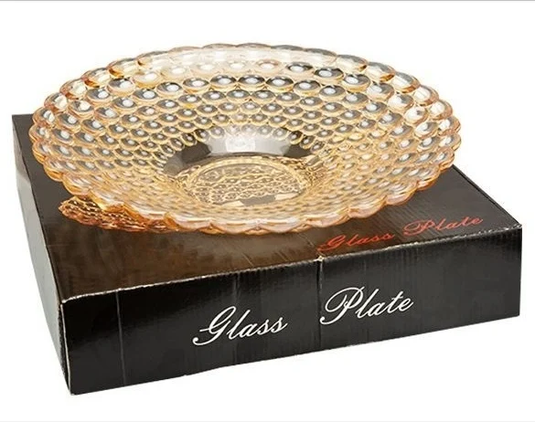 Wholesale 29cm Glass Fruit Tray Beaded Electroplated Golden Amber Luxury Round Wedding Candy Platter Pastry Plate Dim Sum Dish