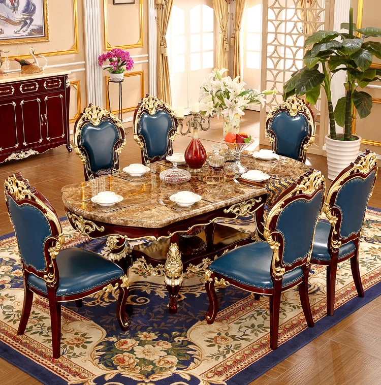 European style dining table full solid wood red sandalwood 2.0m long dining table marble oval dining table and chair combination