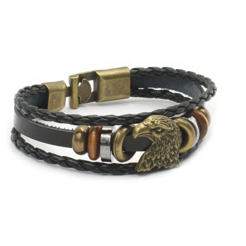 Leather Alloy Vintage Strap Wristband  Eagle Head Multilayer Knitting bracelet AYB006