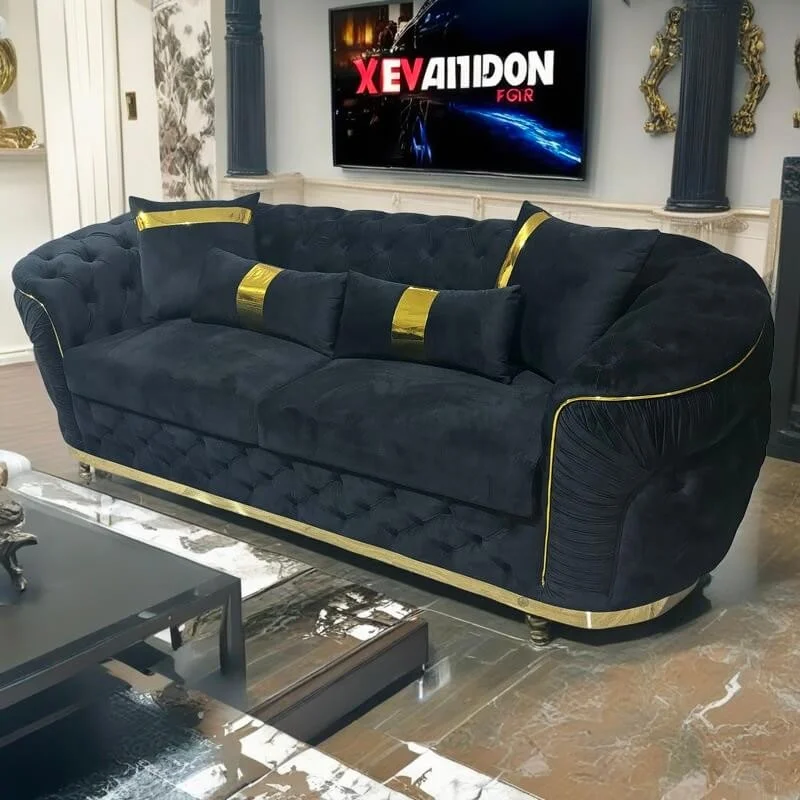 Premium Velvet Fabric Couch 3 Seater Black Sofa With Golden Stainless Steel Base Decoration