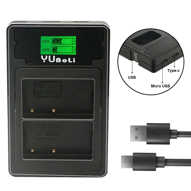 BP-511 BP-511A BP511 ЖК USB двойное зарядное устройство для камеры Canon BP511A 50D 40D 30D D60 D30