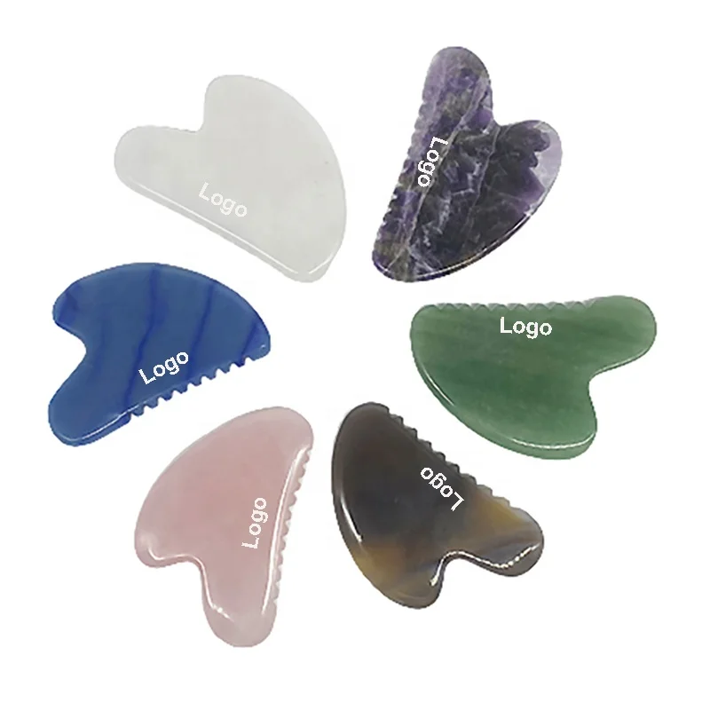 Wholesale heart shape Guasha With Teeth Tool Amethyst Crystal Scraping Stone For Face and Body heart shape scraping massage