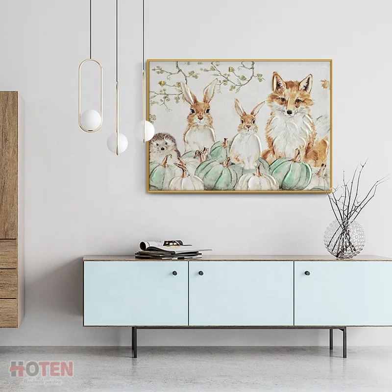 Hand-painted animal painting rabbit acrylic painting cute hedgehog fox oil painting