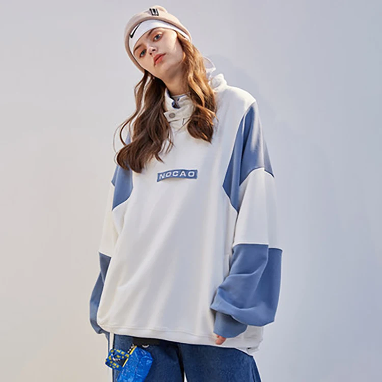 Nocao Korean street style casual fashion loose stand collar contrast color long sleeve pullover sweatshirt for men and women