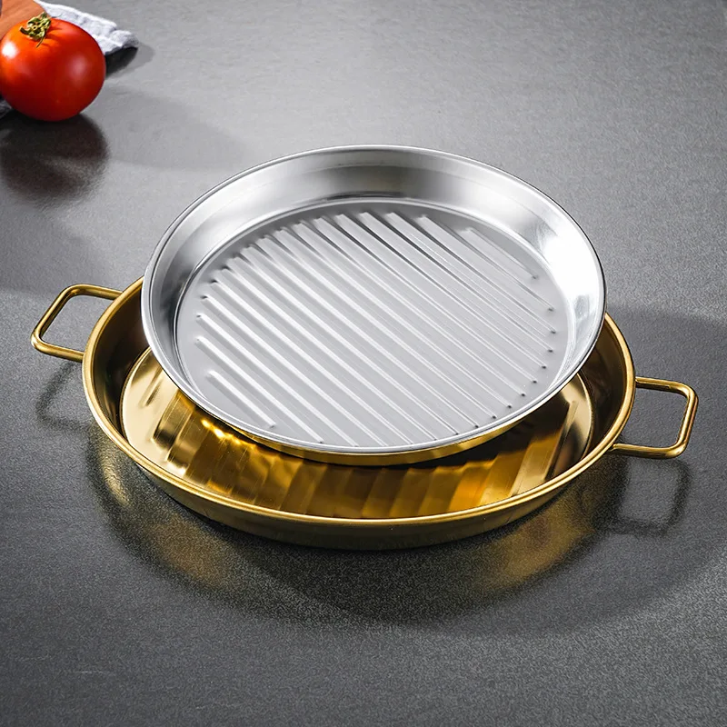 Wholesale Korean Style Stainless Steel Round Grill Pan Double-ear Design Steak BBQ Plate Dinner Round Plates