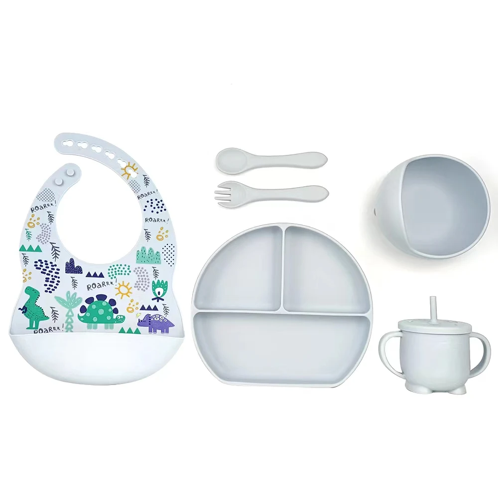 Baby Silicone Feeding Set Pattern Bibs Kids Plate And Straw Cup For Baby Dining Tableware Set Waterproof Babero OEM