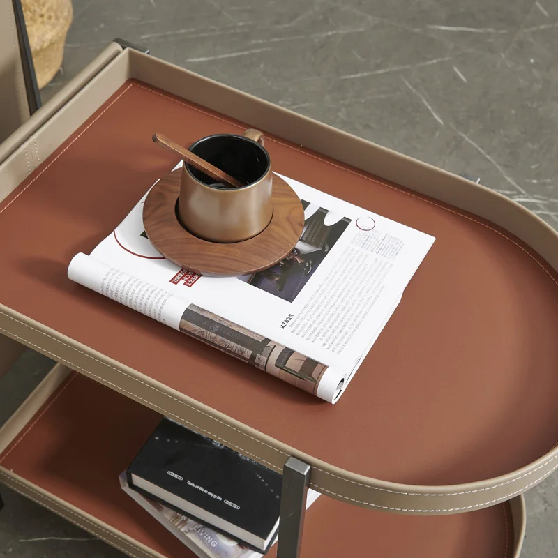 Modern Stainless Steel Center Table Movable Saddle Leather 360 Rotation Side Table Storage for Sofa