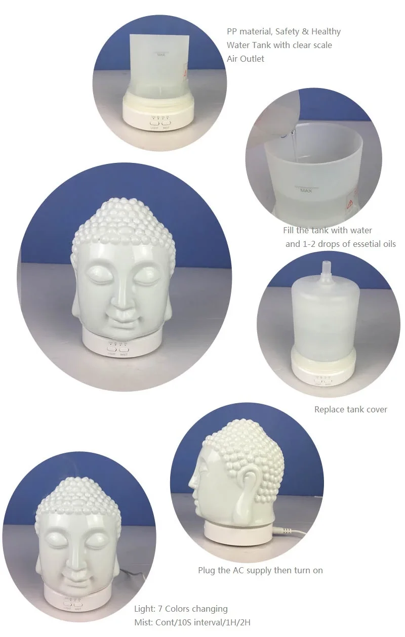 2022 Hot Bedroom Decor Gift Essential Oil Diffuser Ultrasonic Aroma Humidifier Warm Light Ceramic Buddha Head Diffusers Yoga