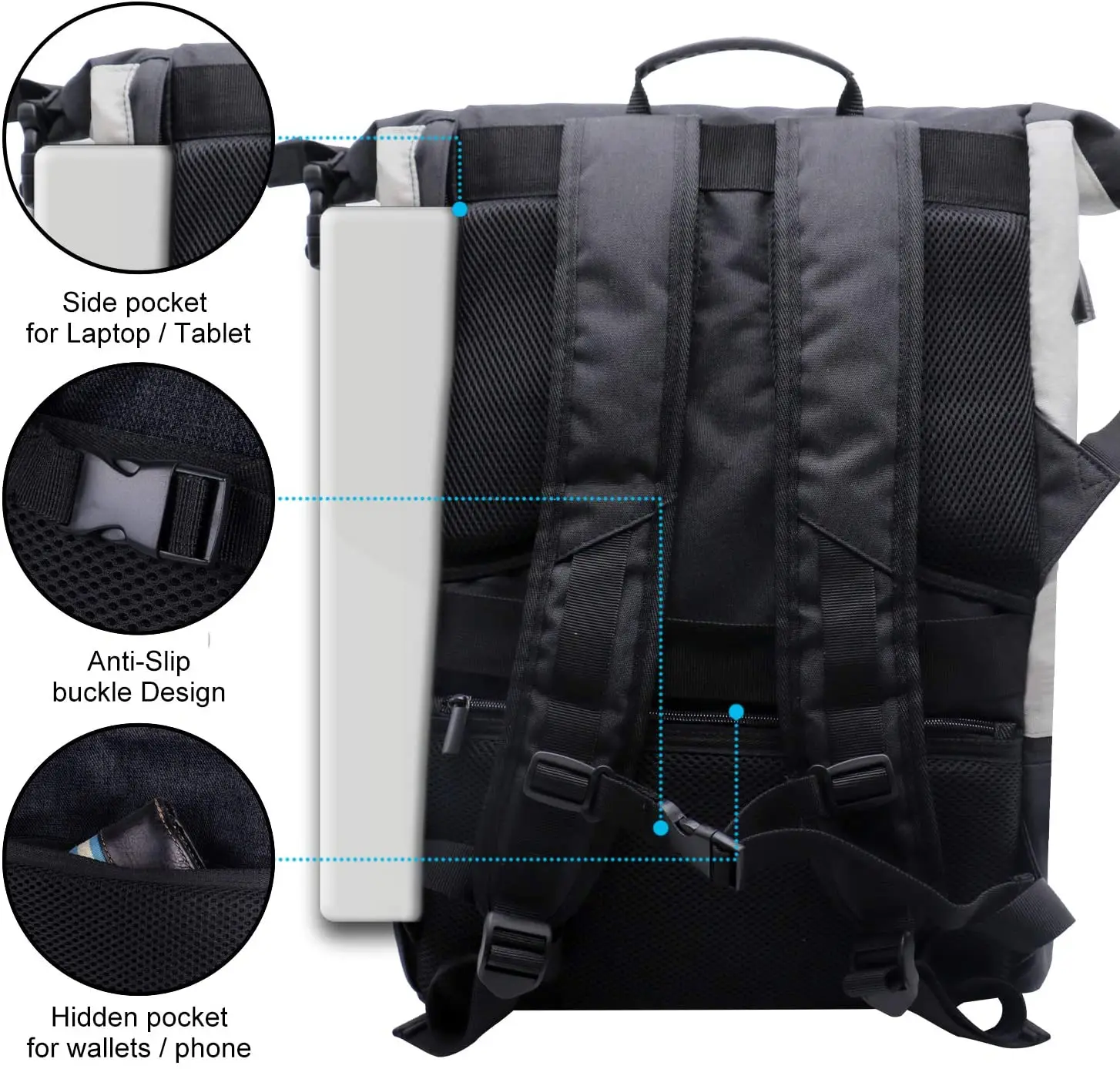 RPET Recycled Fabric Roll Top Rucksack laptop backpack with shoes compartment college school backpack bag