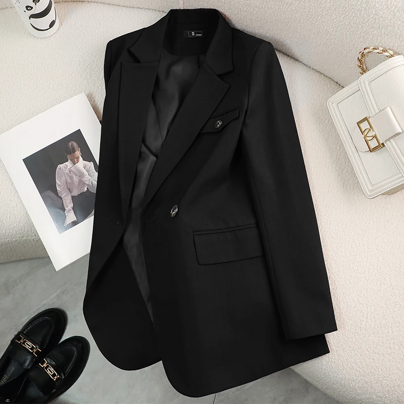 2024 New Little Man Burgundy Casual Suit Jacket Women High Sensitivity Korean Slim Double Breasted Button Long Spring Autumn