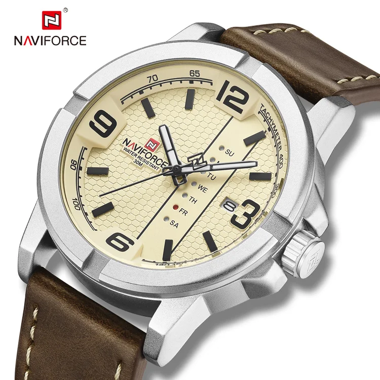 NAVIFORCE 9177 Top Quality Leather Strap Creative Day Calendar Unique Men Watch