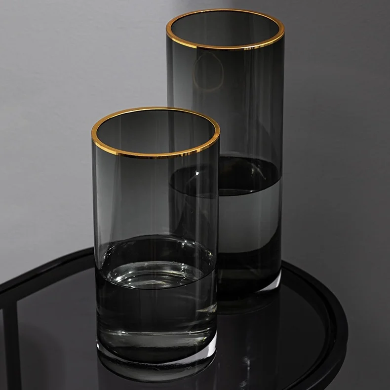 Simple gray drawing gold straight glass vase living room decoration hanging dry vase glass vase for flowers