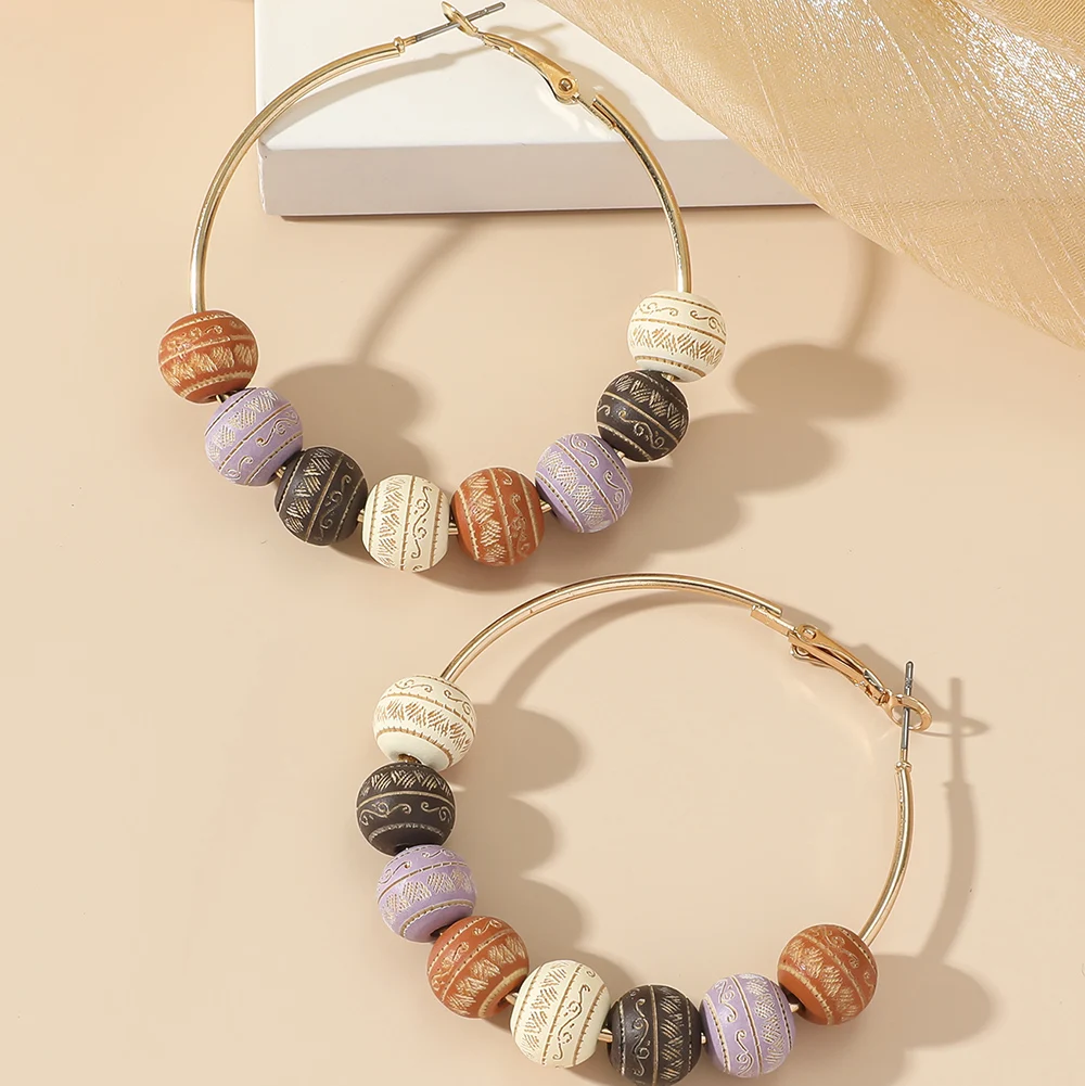Bohemian Pop Large Ring Hoop Earrings Creative Colorful Printing Lettering Wooden Beads Stud Earrings For Women