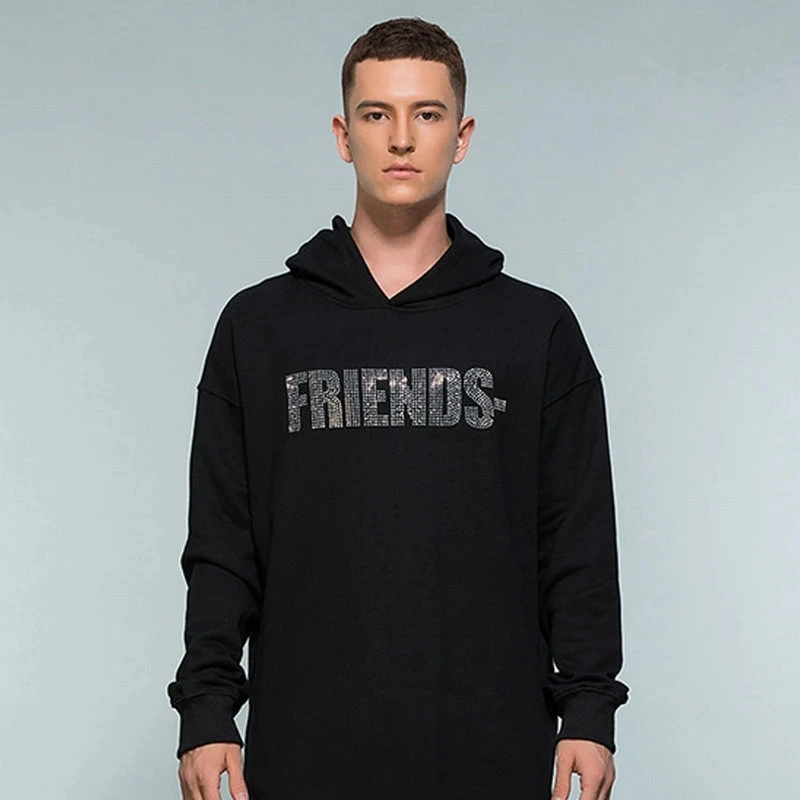 Wholesale pull over street wear thick Vloned fleece black rhinestone custom hoodie