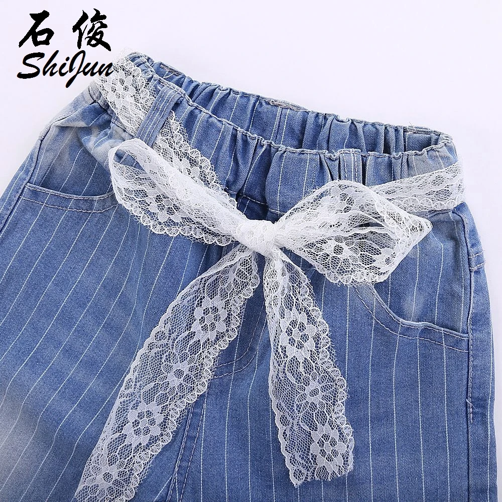 
ShiJun kids clothing 2020 Spring Lace Belt Striped Girl Jeans Kids 