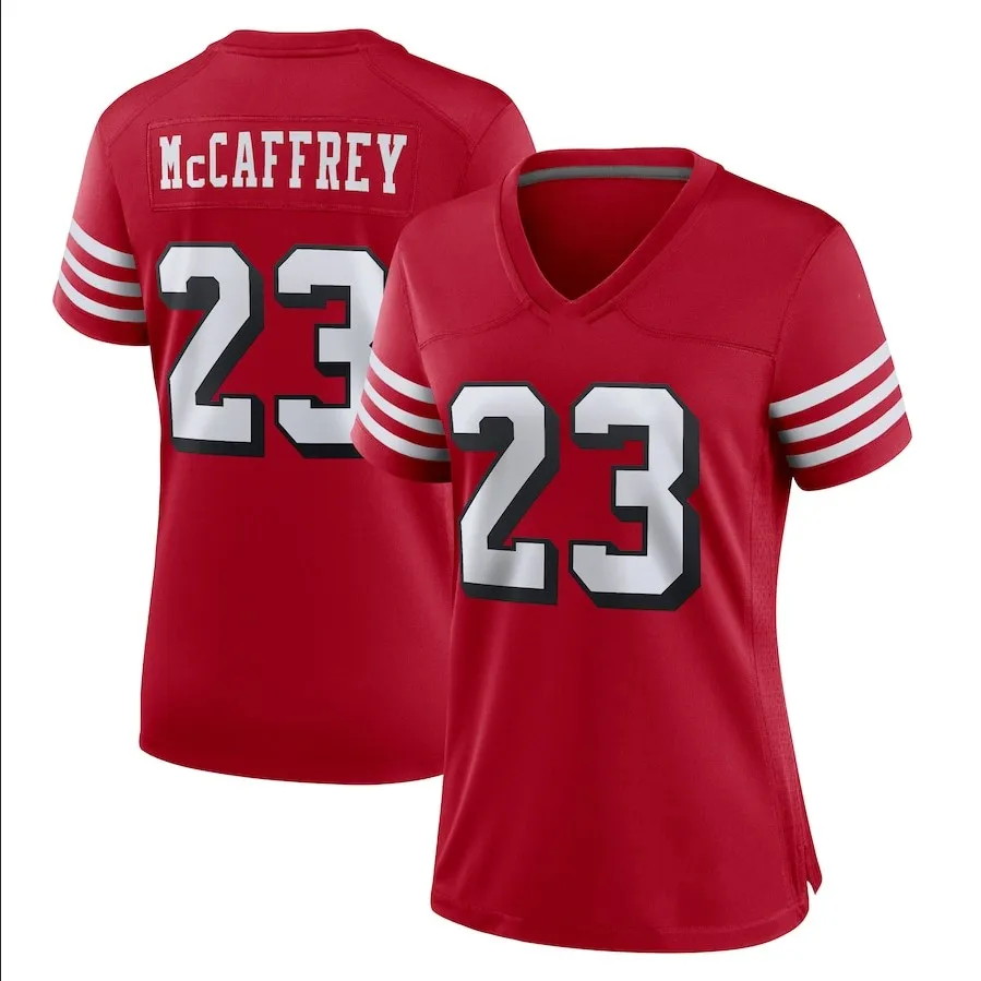 San Francisco #23 Christian McCaffrey 13 Brock Purdy 29 Talanoa Hufanga football Jersey