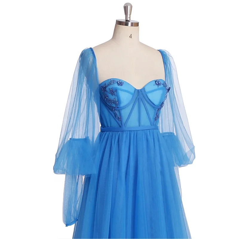 OEM Wholesale Blue Puffy Sleeve Corset Prom Dresses Women Sweetheart Tulle Ball Gown Slit Formal Evening Gown Princess Dress