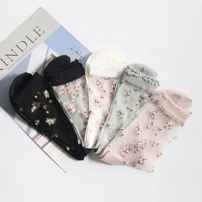 BD-S242 Summer Beautiful Thin Breathable Crystal Silk Flower Fashion Transparent Sock For Women
