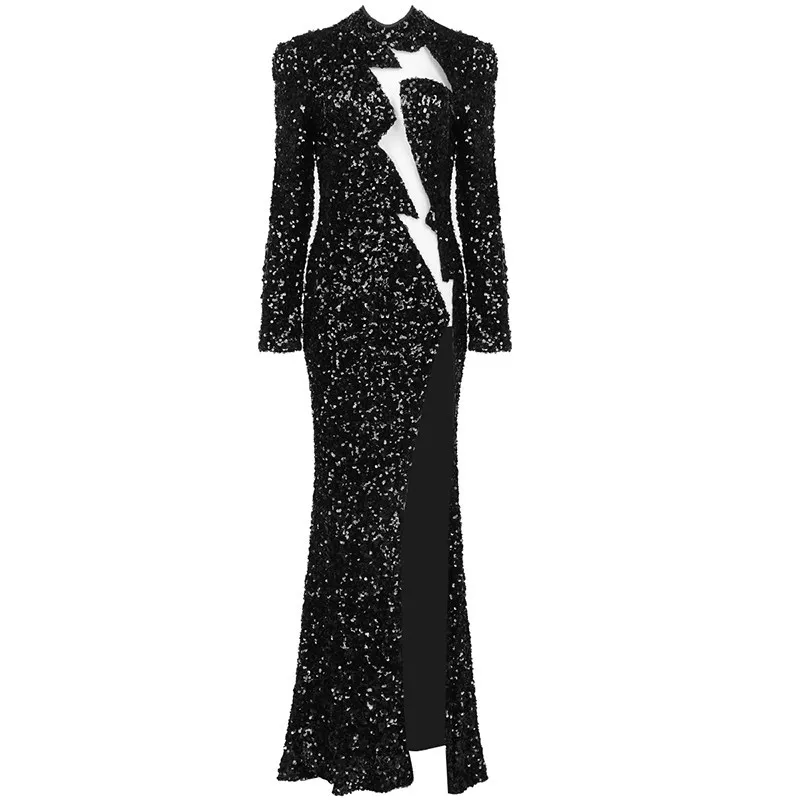
A4571 Stylish Black O Neck Sequin Mesh Slit Dinner Dresses Ladies Long Ball Gown 