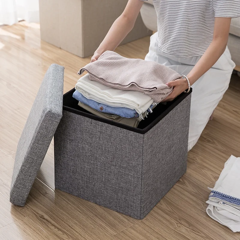 Living Room Furniture Fabric Linen Collapsible Toy Footrest Foldable Ottoman Bench Storage Box Stools Ottoman Home Organization
