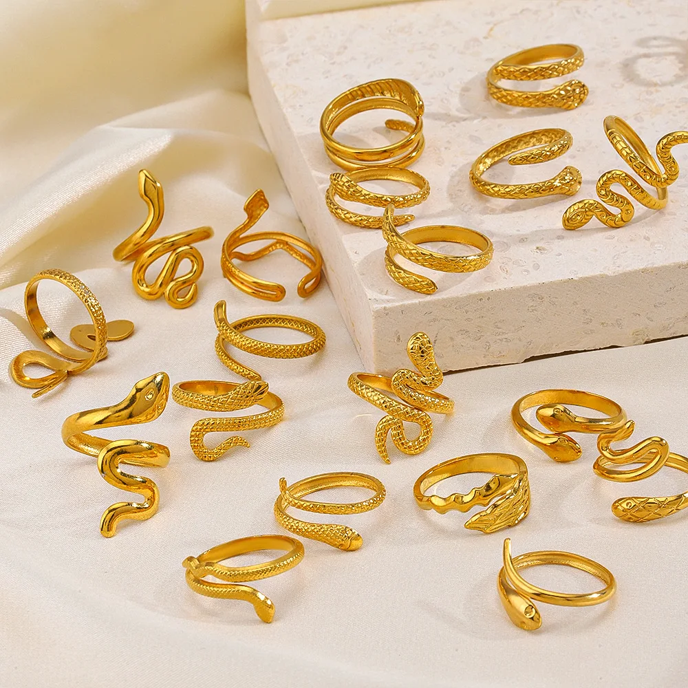Wholesale 18K Gold Plated Punk Vintage RIng Stainless Steel Snake Adjustable Open Ring for Women
