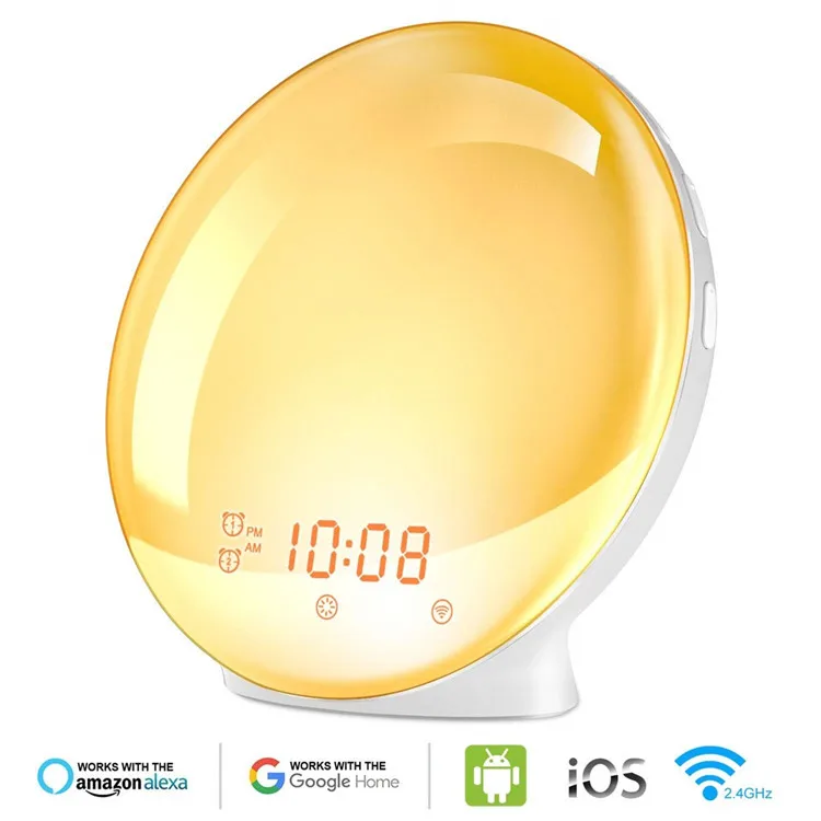 Smart life APP Control bedroom led sunrise bedside wake up light colored sunrise simulation alarm clock with radio