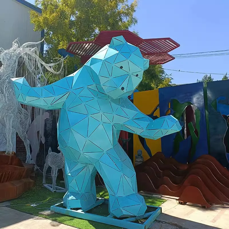 DS-1762 Powered LED light animal sculpture Stainless steel geometric Multi - faceted bear statue