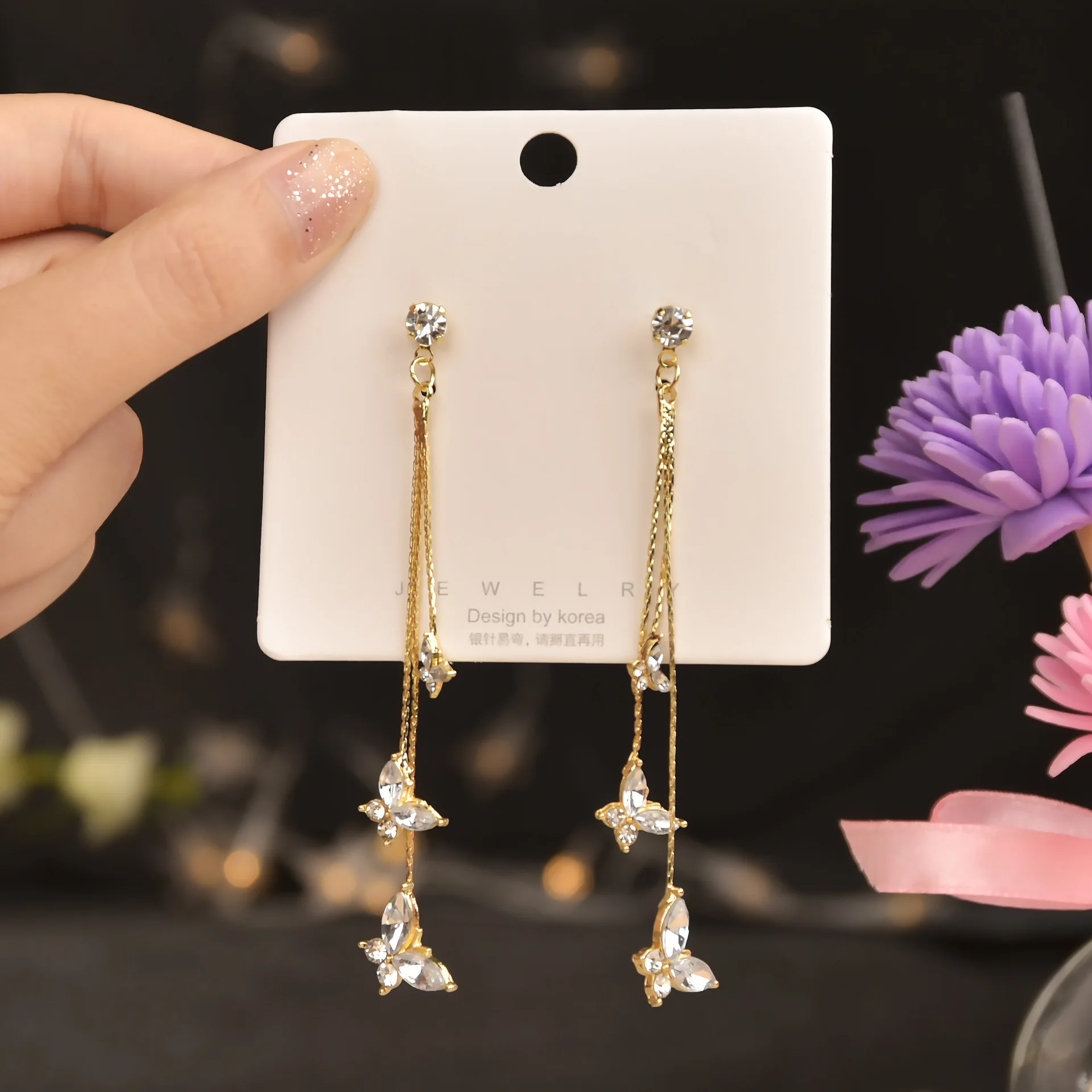 925 Silver Crystal Butterfly Earrings Long Tassel Earrings for Women