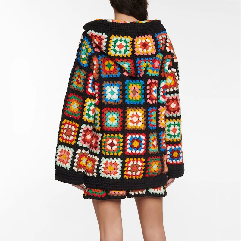 Knitwear Custom OEM ODM vintage handmade women top crochet sweater 100% cotton flower patchwork crochet knit hoodie for women