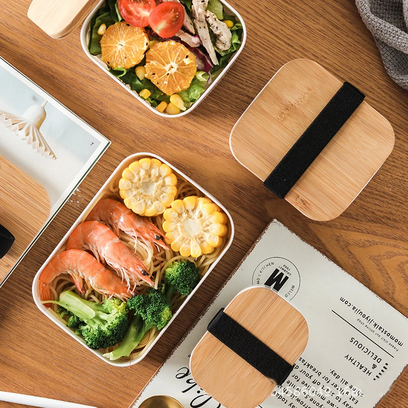 Пластиковый контейнер bento в японском стиле с деревянной крышкой портативный детский Ланч-бокс для пикника