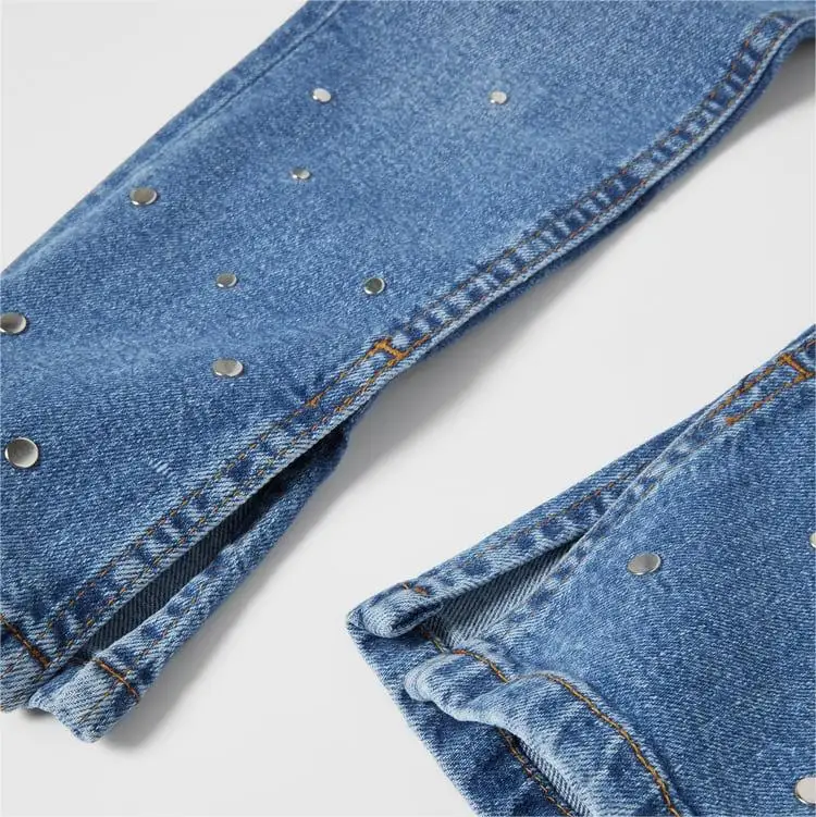 OEM Custom Fashion Studded Rivets Cotton Kids Enzyme Wash Denim Skinny Jeans Pants For Girls