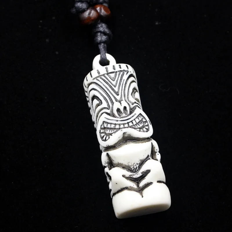2024 Vintage Tiki Statue Pendant Necklace Acrylic Wood Bead Necklace Wax Rope Leather Necklace Jewelry for Boys Men