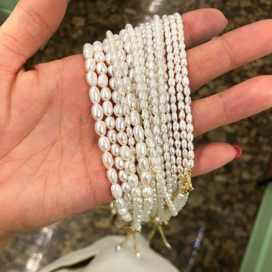 4 5 6 7mm Small Size Rice Genuine Freshwater Pearls S925 Sterling Silver Real Natural Tiny Thread Seed Pearl Necklace for Women