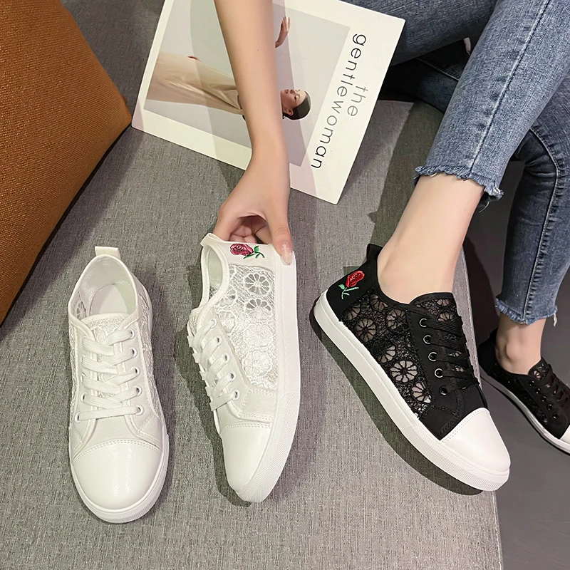 2020 new fashion flat bottom casual shoes breathable mesh rose embroidery sports shoes for women