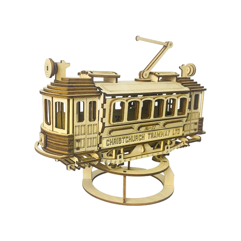 Hot Sale Retro Tram Wooden 3d Puzzle diy Streetcar Model Assembly Game for Teens Creative Handmade Building Kits Wood Crafts
