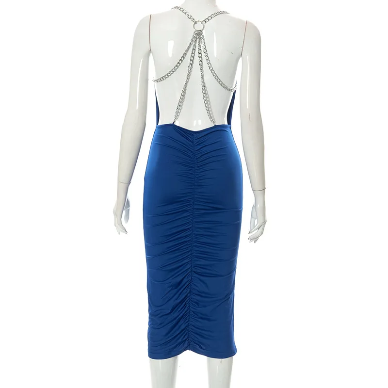 Sexy Backless White Dresses For Women 2022 Chain Ruched Black Party Long Dress Female Solid Cami Bodycon Club Midi Dress Backless White Dresses