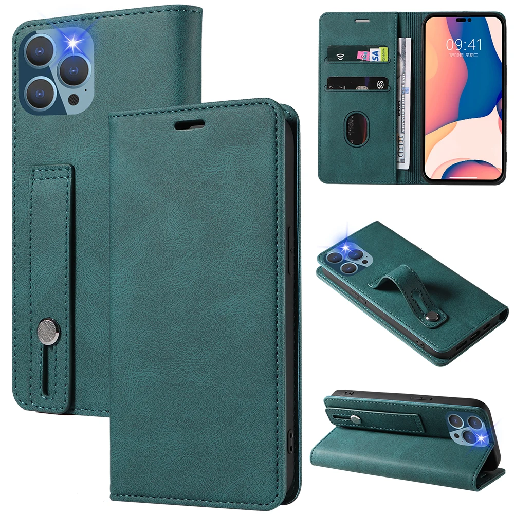 For iPhone 16 Pro Max Case With Stand and Magnetic Closure Flip Leather Wallet Mobile Phone Case With Wrist Strap