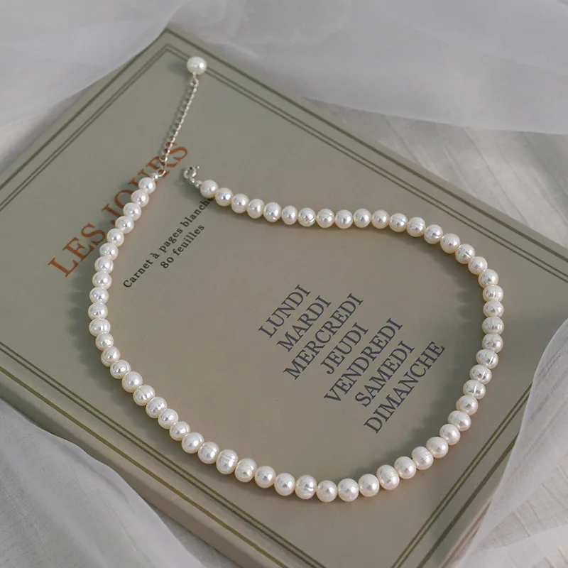 New Style Fashion  6-7mm White Cultured Freshwater 925 silver simple clavicle chain Pearl Necklace