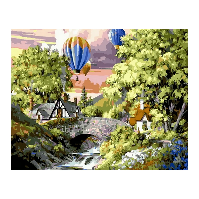 Landscape painting trees and hot air balloons diy art set for beginners painting by number