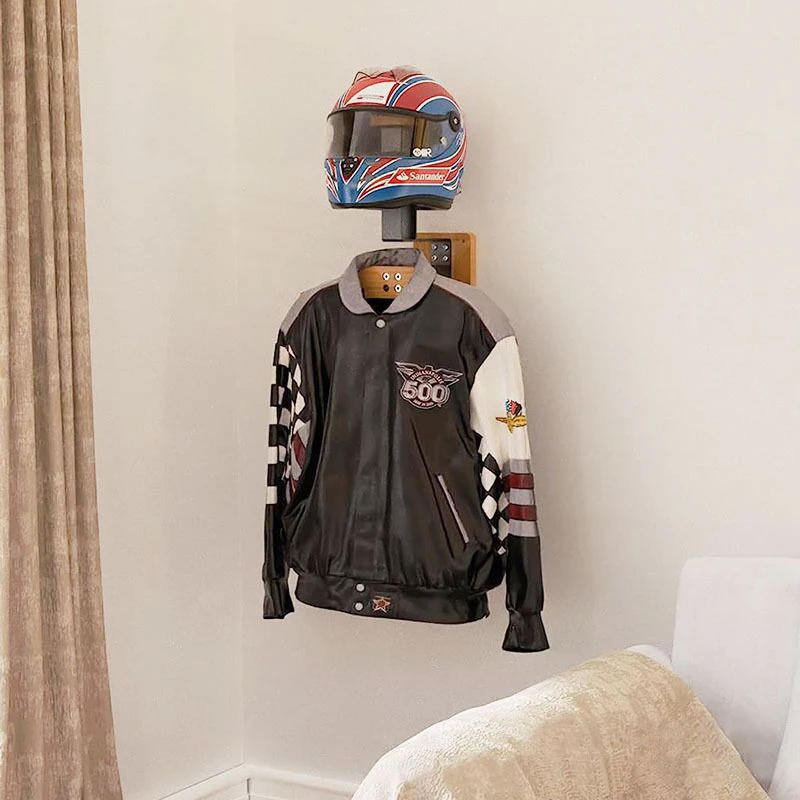 Wall Mounted Iron Motorcycle Helmet Rack Bike Helmet Holder with Wooden Jacket Coat Hanger and Key Hook