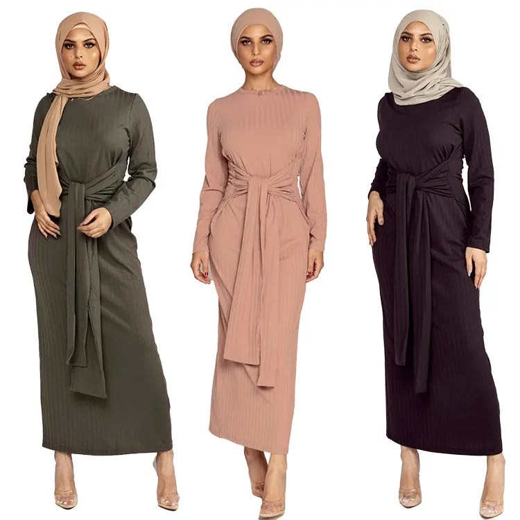HJ OEMD2  Warm Muslim Winter Modest Dresses Long Sleeve + Knit Dress Muslim