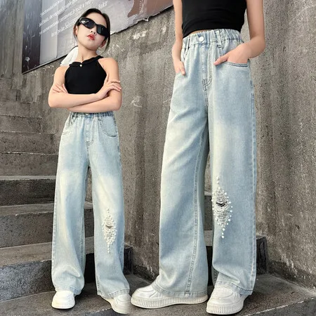 2024 New Summer Teenagers Girls Washed Blue Pearls Patched Jeans Big Girl Summer Thin Jeans 5-15 Years
